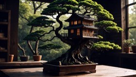 Bonsai with a wooden tree house