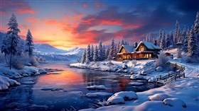 4K Winter Cabin River