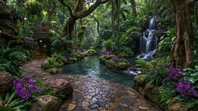 4K Lush Garden Falls