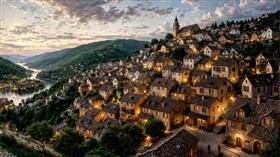 A village glowing with evening light
