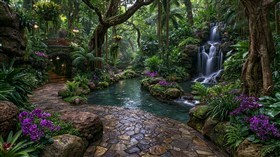 4K Lush Garden Falls
