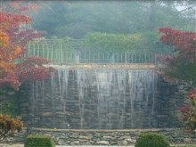 foggy park waterfall